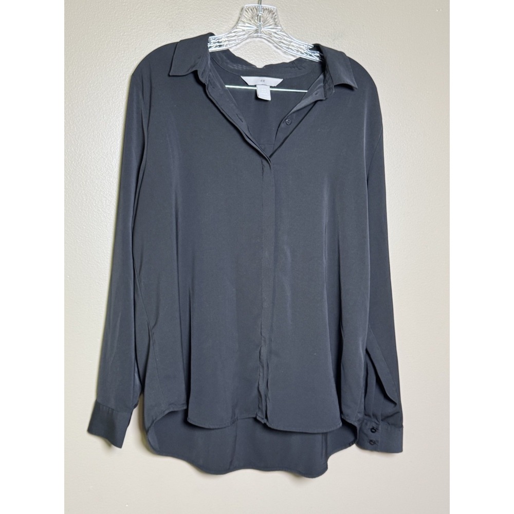HM Women Black Semi-Sheer Long Sleeve Button Up Blouse Shirt Size 12